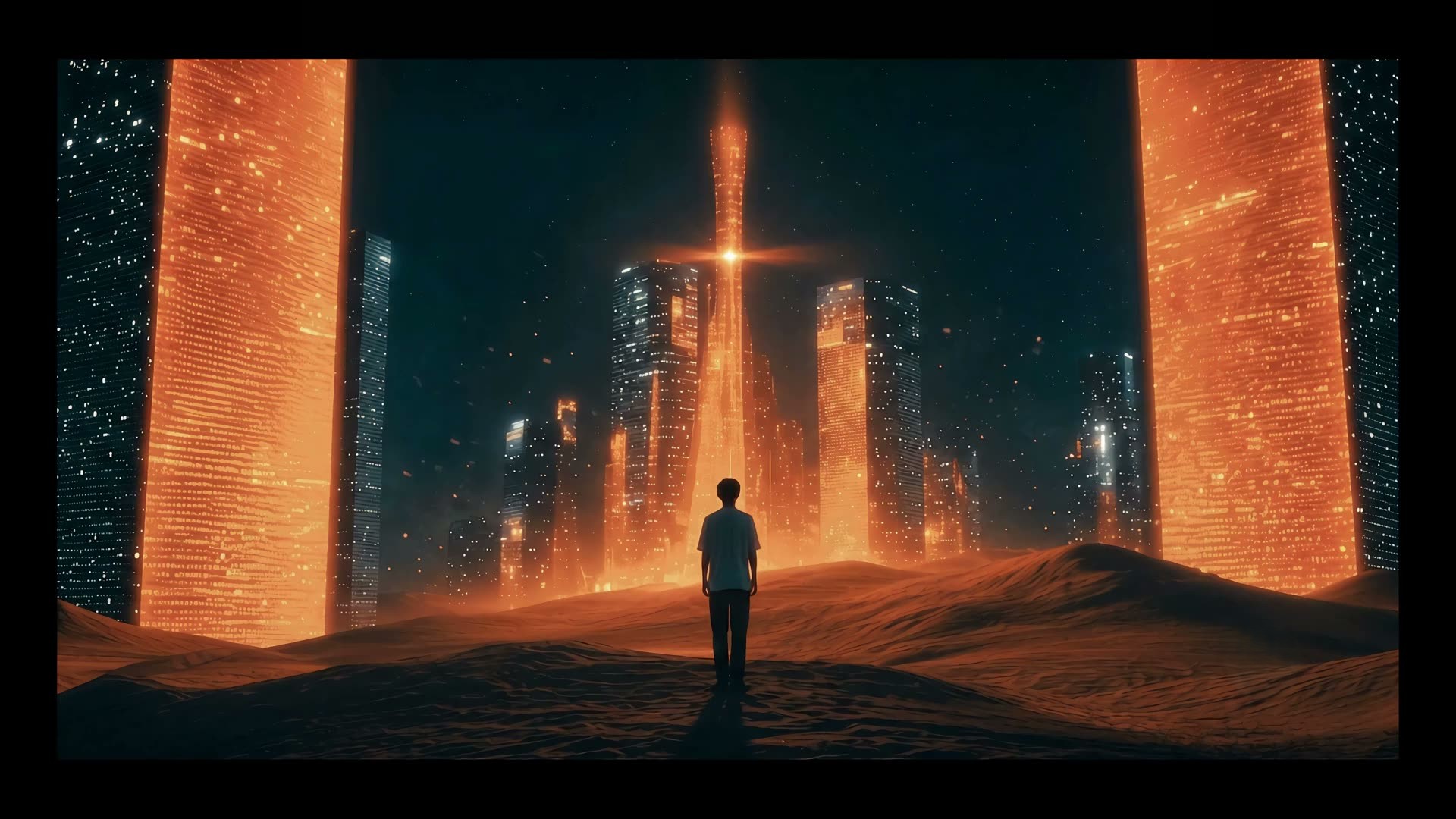 HIRAX futuristic digital city environment with lone observer standing on sand dunes
