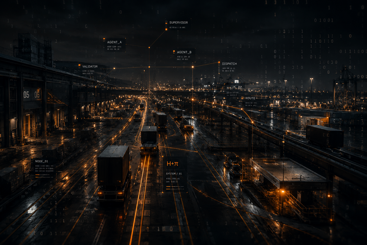Futuristic logistics environment visualizing an autonomous multi-agent dispatch system with routing nodes, binary data and HIRAX system markers.