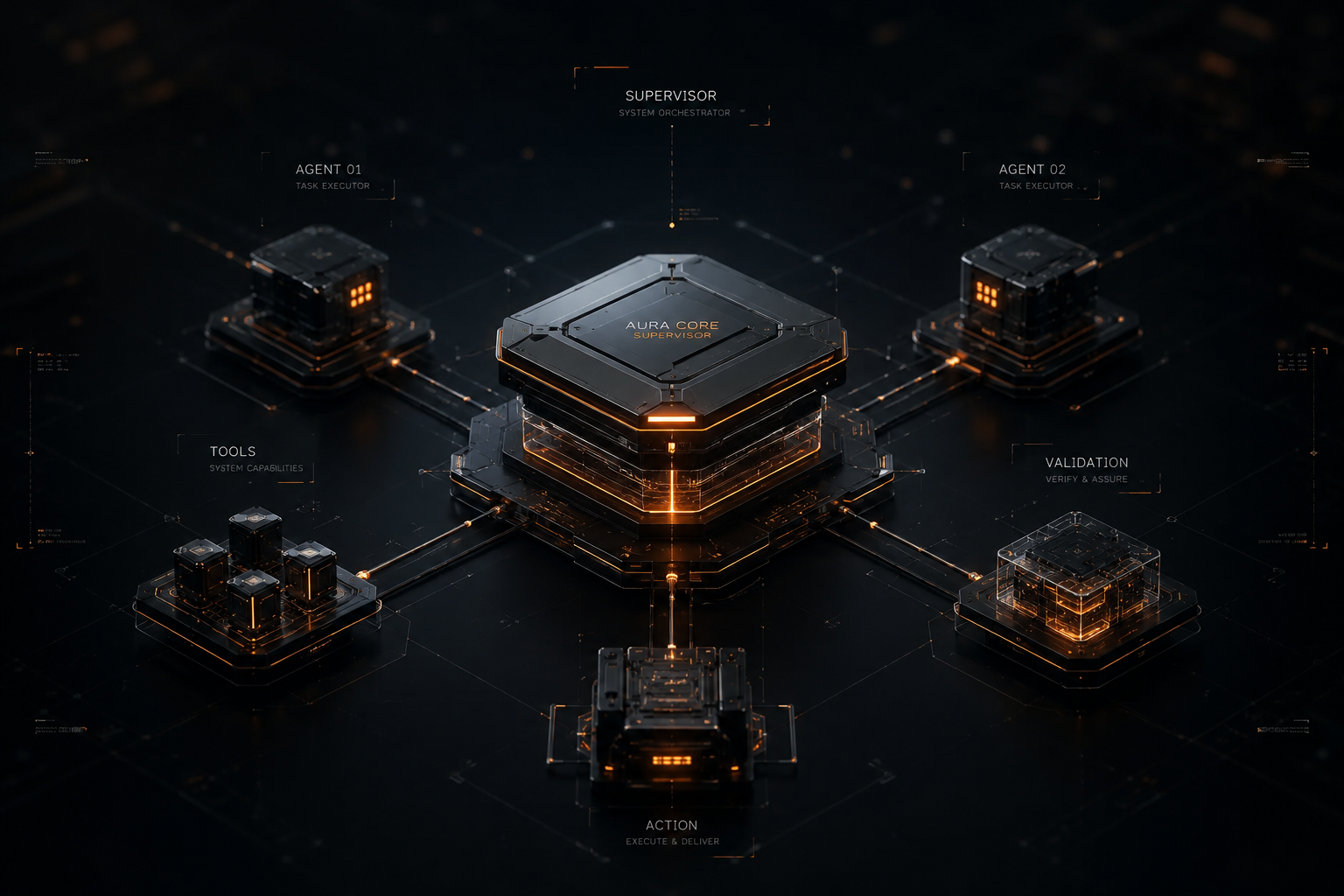 Futuristic 3D rendering of HIRAX AURA Core autonomous multi-agent orchestration architecture.