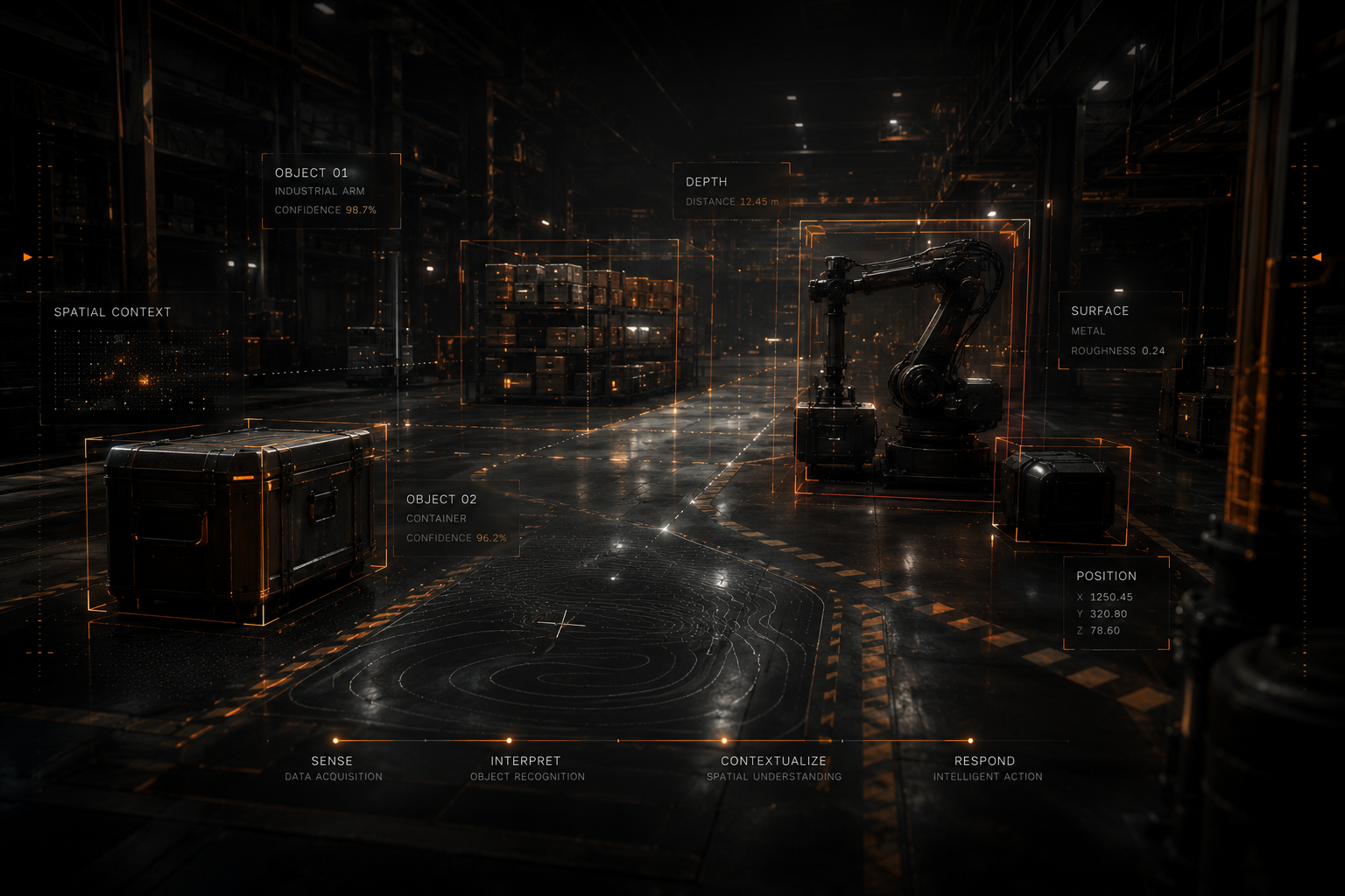 Futuristic 3D rendering of HIRAX SYNAPSE Vision computer perception system scanning industrial workspace.