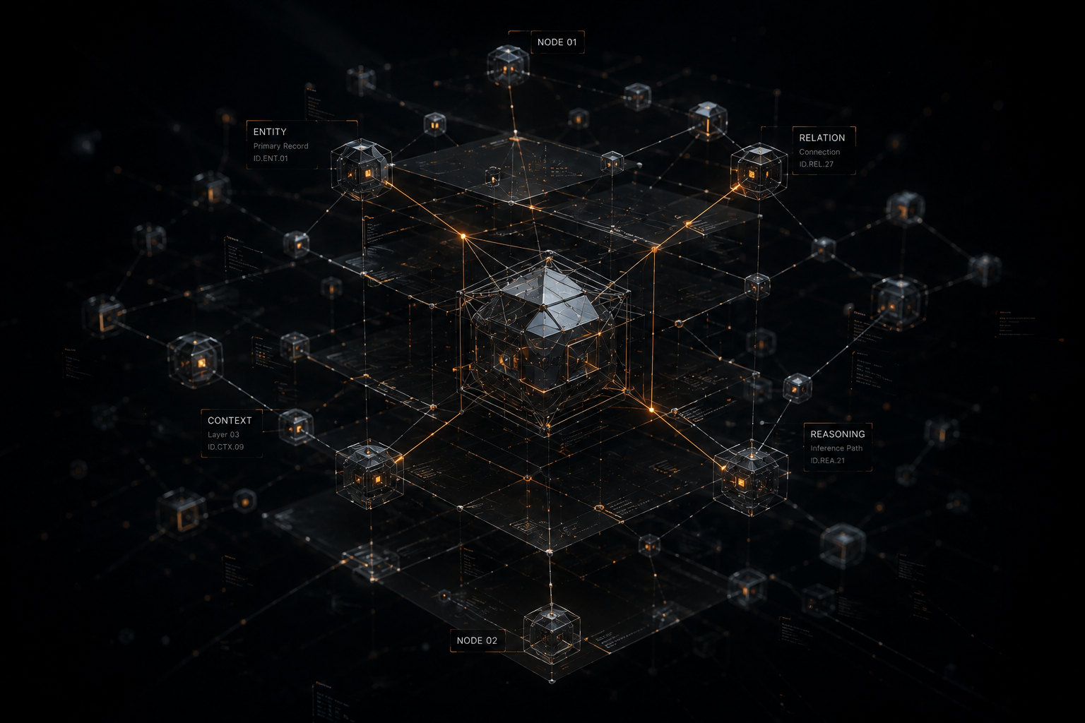 Futuristic 3D rendering of HIRAX TESSERACT Matrix neural graph reasoning and knowledge structure.